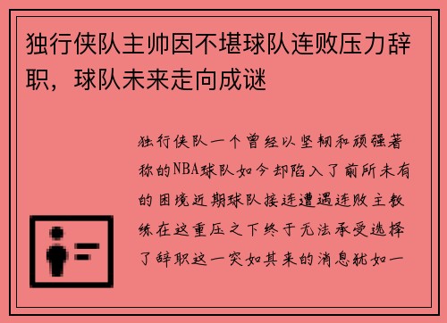 独行侠队主帅因不堪球队连败压力辞职，球队未来走向成谜