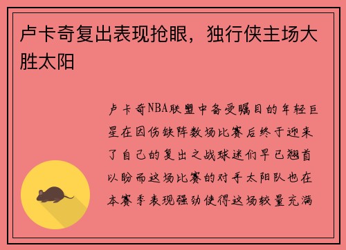 卢卡奇复出表现抢眼，独行侠主场大胜太阳