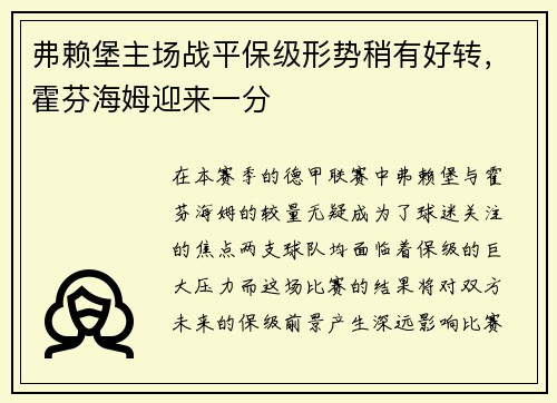 弗赖堡主场战平保级形势稍有好转，霍芬海姆迎来一分