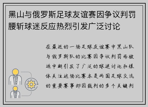 黑山与俄罗斯足球友谊赛因争议判罚腰斩球迷反应热烈引发广泛讨论