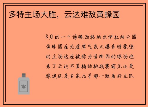 多特主场大胜，云达难敌黄蜂园