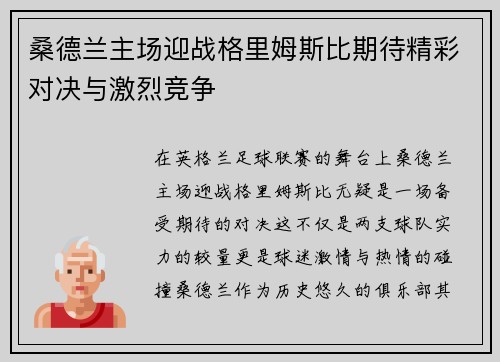 桑德兰主场迎战格里姆斯比期待精彩对决与激烈竞争