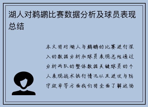 湖人对鹈鹕比赛数据分析及球员表现总结