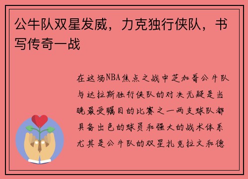 公牛队双星发威，力克独行侠队，书写传奇一战