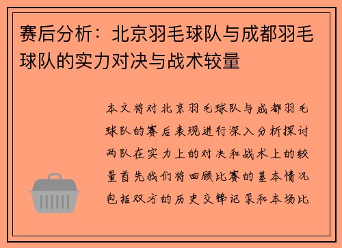 赛后分析：北京羽毛球队与成都羽毛球队的实力对决与战术较量