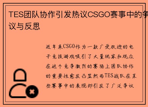 TES团队协作引发热议CSGO赛事中的争议与反思