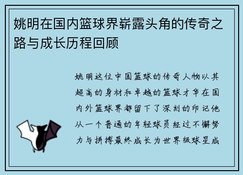 姚明在国内篮球界崭露头角的传奇之路与成长历程回顾